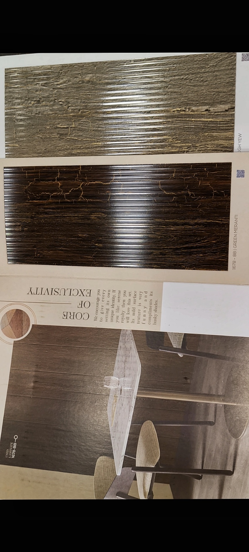 Green Meranti & Rough Yew dark wood-grain laminates